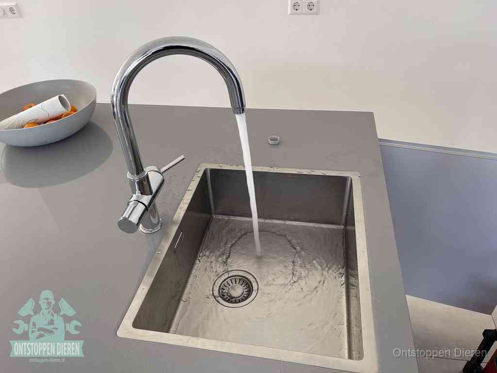 Een vrij doorstromende rvs spoelbak waar het water moeiteloos wegloopt, het resultaat van slim onderhoud dat geld bespaart in Dieren