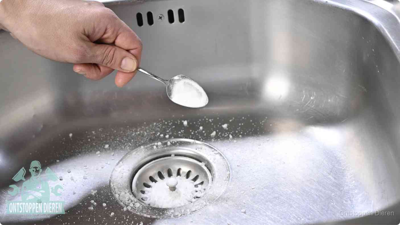 Een hand strooit met een lepel soda in het afvoerputje van een rvs spoelbak, de soda en azijn huismiddel-methode in Dieren