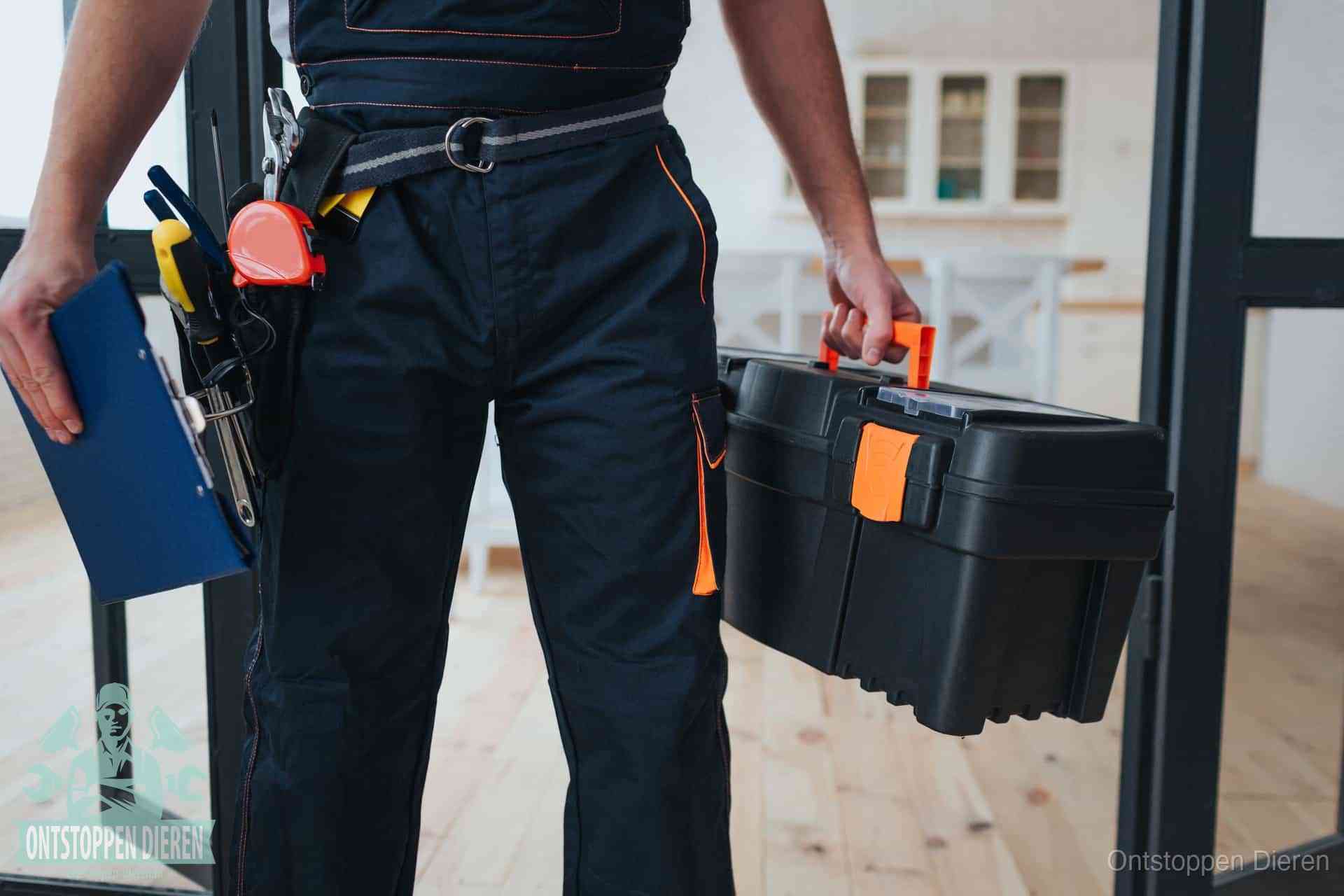 Een monteur met gereedschapsriem en klembord in een keuken, klaar om een transparante prijs voor het gootsteen ontstoppen in Dieren te geven