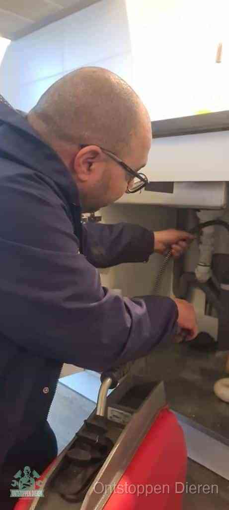 Een monteur buigt zich onder een wastafel en voert een ontstoppingsveer in om de bron van rioollucht uit de afvoer in Dieren op te sporen