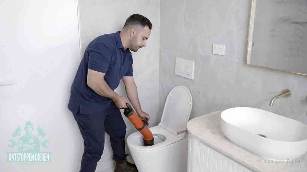 Een man gebruikt een handmatige luchtdruk-ontstopper in een modern betegeld toilet om zelf de wc te ontstoppen in Dieren